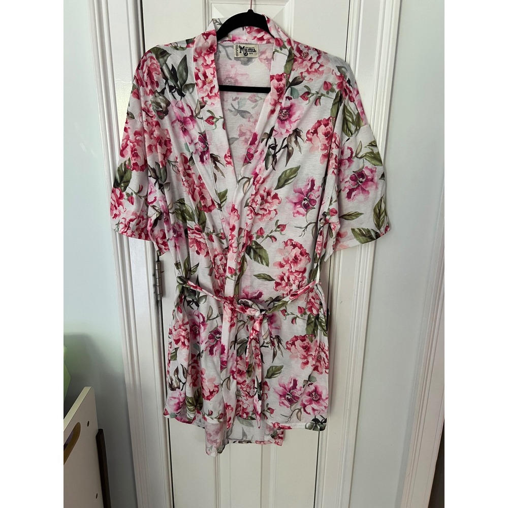 Show Me Your Mumu Floral Robe Pink White Short Wrap Belted Bridal OS